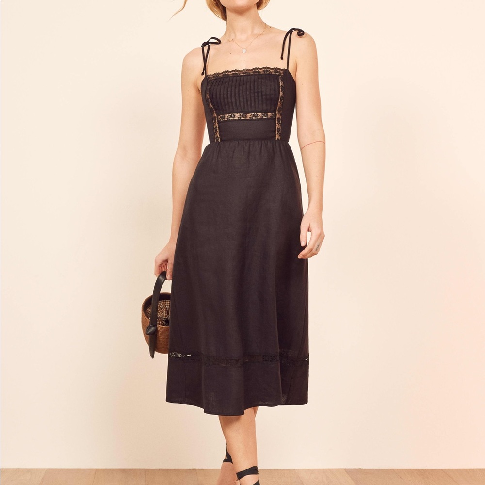 NWT Reformation Wyoming Dress Black Linen 0 XS